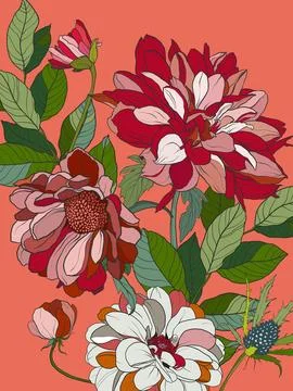 Vector floral interior poster of pink, white and red chrysanthemums. Hand Stock Illustration