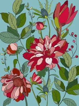 Vector floral interior poster of red and pink chrysanthemums. Hand painted Stock Illustration