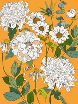 Vector floral interior poster of white daisies and chrysanthemums. Hand painted Stock Illustration