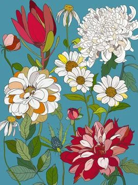 Vector floral interior poster of white daisies, chamomiles and red Stock Illustration