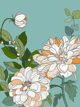 Vector floral interior poster of white and beige chrysanthemums. Hand painted Stock Illustration