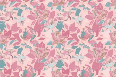 Vector floral pastel seamless pattern. Pink, turquoise roses and leaves. Stock Illustration