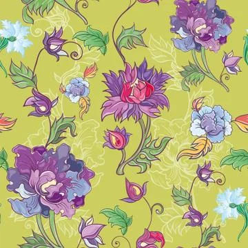 Vector floral pattern with chrysanthemum, peony, aster. Asian theme Stock Illustration