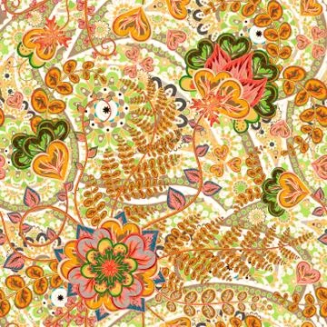 Vector floral pattern with colorful fantasy plants, flowers and leaves. Paisley Stock Illustration