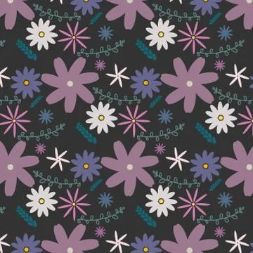 Vector floral pattern in doodle style with flowers and leaves. Stock Illustration