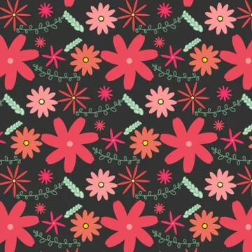 Vector floral pattern in doodle style with flowers and leaves. Stock Illustration