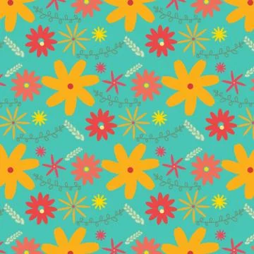 Vector floral pattern in doodle style with flowers and leaves. Stock Illustration