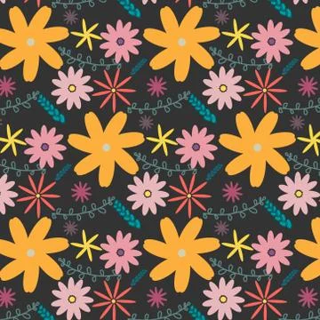 Vector floral pattern in doodle style with flowers and leaves. Stock Illustration