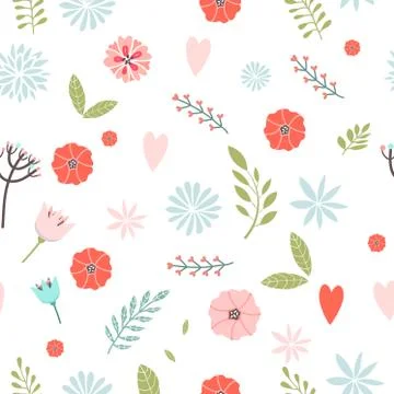 Vector floral pattern in doodle style with flowers and leaves on white Stock Illustration