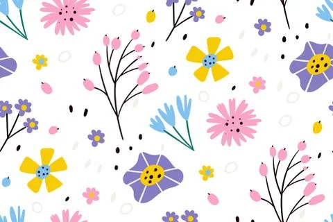 Vector floral pattern in doodle style with flowers and leaves. Seamless pattern Stock Illustration