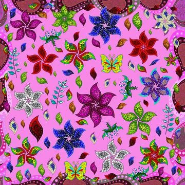 Vector floral pattern in doodle style with flowers. Flowers on red, pink and bla 스톡 일러스트