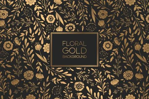 Vector floral pattern with gold hand drawn flowers, herbs, leaves and branche Illustrazione stock