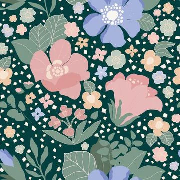 Vector floral pattern with hand-drawn pastel colors, leaves and branches on a Stock Illustration