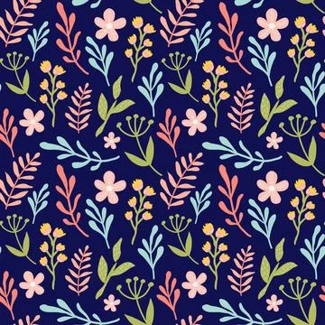 Vector floral pattern in hand drawn style with flowers and leaves. Stock Illustration