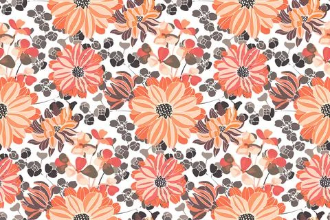 Vector floral pattern. Pink and orange garden flowers. Stock Illustration