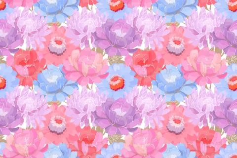 Vector floral pattern. Pink, purple, blue garden flowers with beige leaves. Stock Illustration