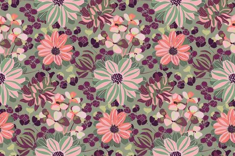 Vector floral pattern. Pink, purple, green garden flowers. Stock Illustration