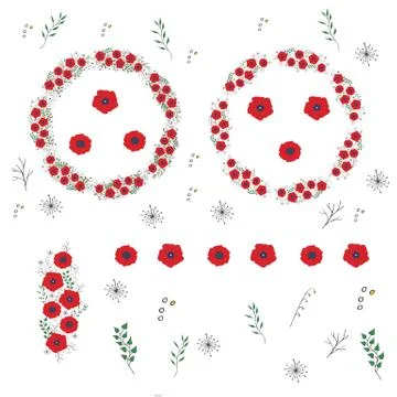 Vector floral pattern, wreath of leaves and flowers and its elements isolated Stock Illustration