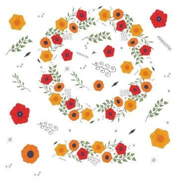 Vector floral pattern, wreath of leaves and flowers and its elements isolated Stockillustratie