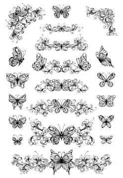 Vector floral patterns with butterflies. Stock Illustration