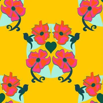 Vector Floral Repeat Pattern With bright Pink Flowers On Mustard Illustrazione stock