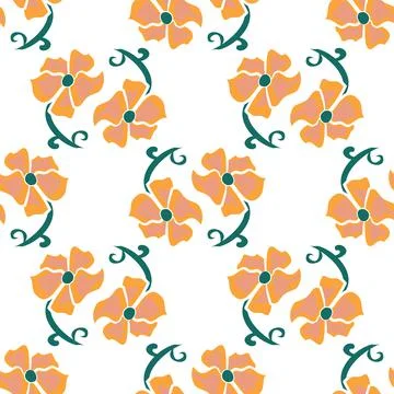 Vector Floral Repeat Pattern In Orange And Green On White Stock Illustration