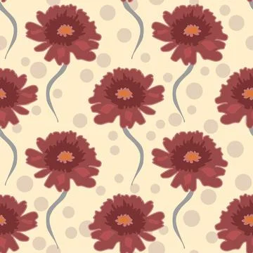 Vector floral repeat pattern with red flowers and dots on cream Stock Illustration