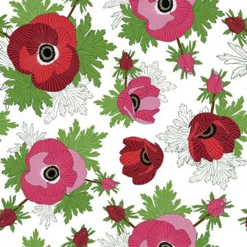 Vector floral repeat seamless pattern with red and pink anemone flowers. Stock Illustration