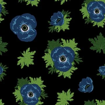 Vector floral repeat seamless pattern with blue anemone flowers on black back Illustrazione stock