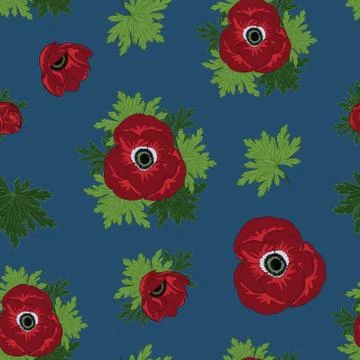 Vector floral repeat seamless pattern with red anemone flowers on blue backgr Stock Illustration