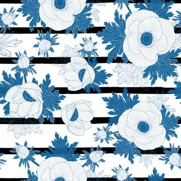 Vector floral repeat seamless pattern with blue line anemone flowers on black Illustrazione stock