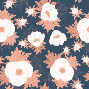 Vector floral repeat seamless pattern with blush line and white anemone flowers Illustrazione stock