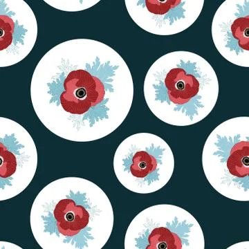 Vector floral repeat seamless pattern with red and pink anemone flowers in white Stock Illustration