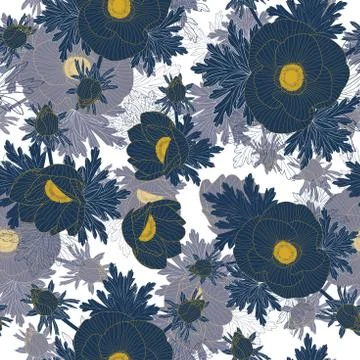 Vector floral repeat seamless pattern with yellow line and blue anemone flowers. Illustrazione stock