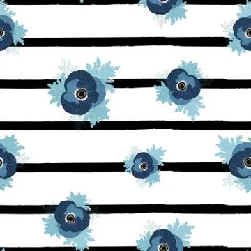 Vector floral repeat seamless pattern with blue anemone flowers on black and Stock Illustration