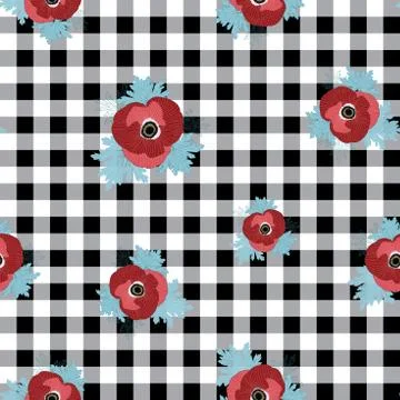Vector floral repeat seamless pattern with red and pink anemone flowers on black Stock Illustration