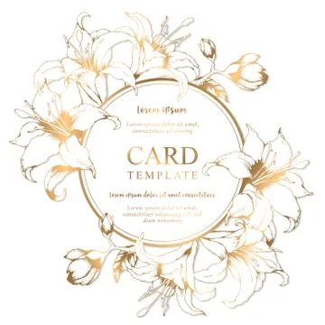 Vector floral round elegant card with hand drawn gold lilies and leaves isola Stock Illustration