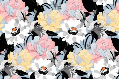 Vector floral seamless background. A pattern of multi-colored flowers with black Stock Illustration