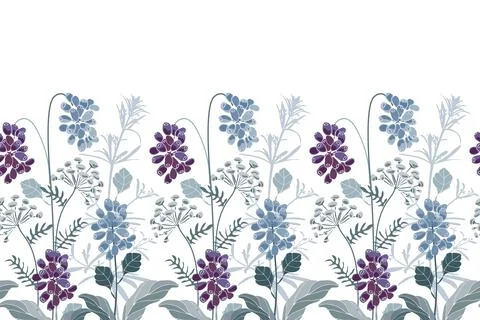 Vector floral seamless border. Blue, purple flowers, herbs and berries. Stock Illustration