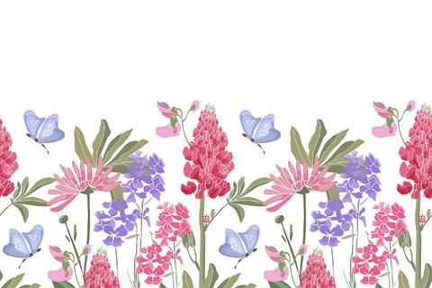 Vector floral seamless border. Spring flowers, green leaves, butterflies. Stock Illustration