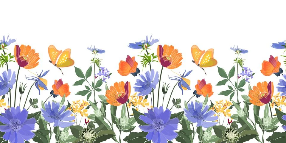 Vector floral seamless border. Summer flowers, green leaves. Illustrazione stock