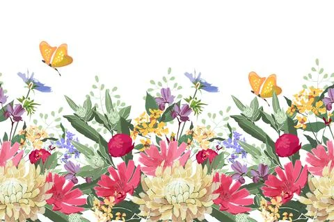 Vector floral seamless border. Summer flowers, green leaves. Stock Illustration