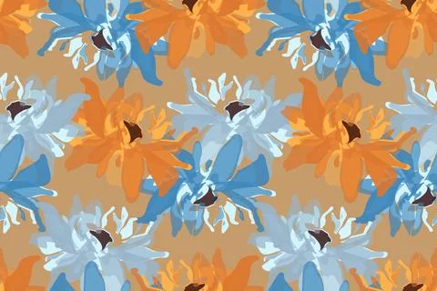 Vector floral seamless pattern. Abstract blue and orange flowers on a light Stock Illustration