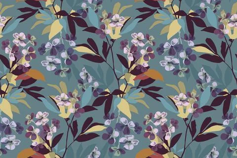 Vector floral seamless pattern. Background with branches, twigs, leaves, flowers Stock Illustration