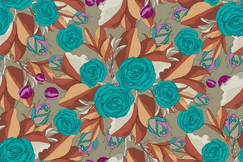 Vector floral seamless pattern. Background with aquamarine flowers. Stock Illustration