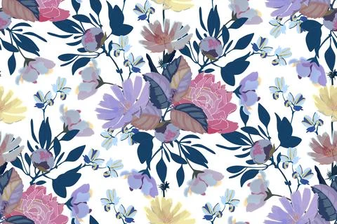 Vector floral seamless pattern. Background with colorful multi-colored flowers. Stock Illustration
