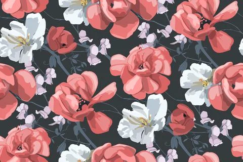 Vector floral seamless pattern. Beautiful white and red flowers on a slate Stock Illustration