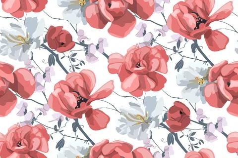 Vector floral seamless pattern. Beautiful gray-white and red flowers on a white Stock Illustration