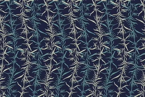 Vector floral seamless pattern. Beige, turquoise twigs and leaves on a dark blue Stock Illustration