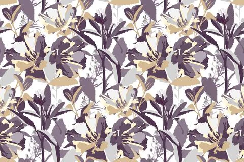 Vector floral seamless pattern. Beige, grey, purple flowers. Stock Illustration